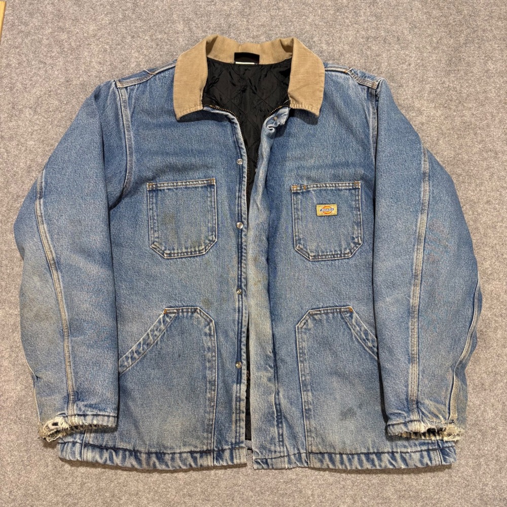 Dickies Mens XL Denim Chore Coat Distressed Quilt Lined Corduroy Collar Blue